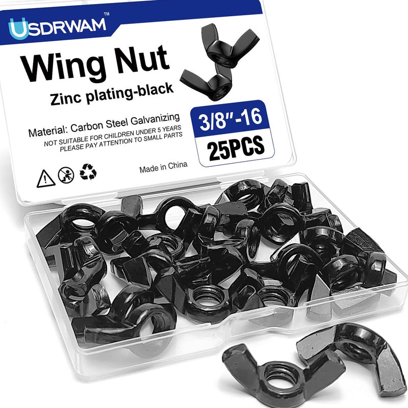 Usdrwam 25Pcs 3/8"-16 Wing Nuts Kit, Zinc Plating-Black Wing Nuts Butterfly Fasteners, Hand-Tighten Hardware Nuts Kit for Easy Assembly and Secure Fit Furniture - Image 1